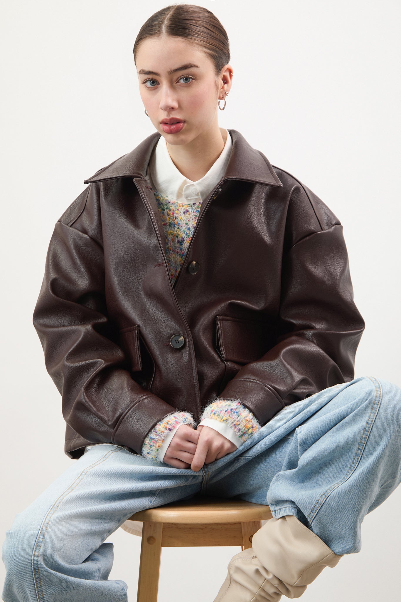 Brown vegan leather button up short jacket | Glassworks London