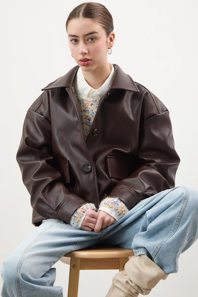 Brown vegan leather button up short jacket | Glassworks London