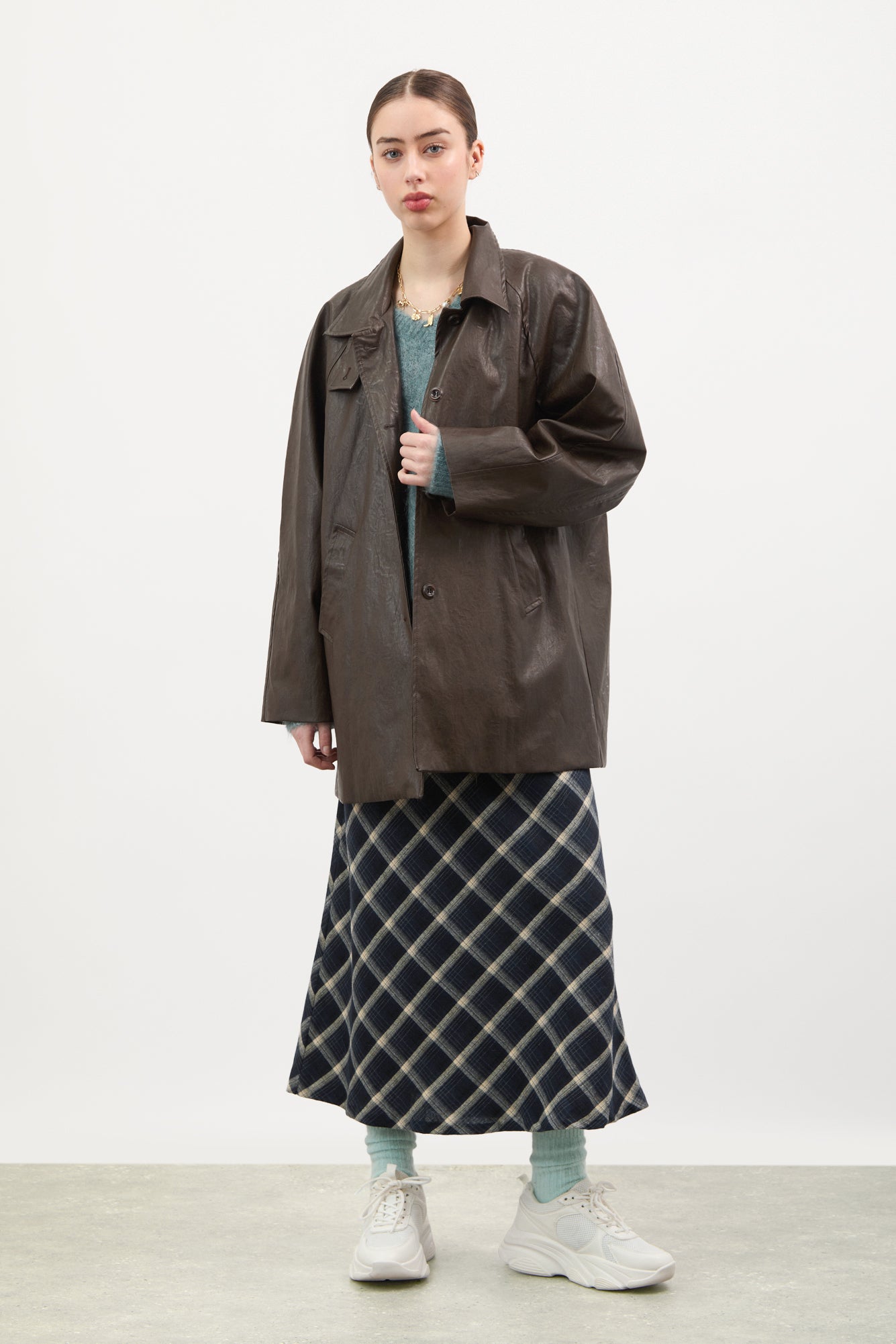 Brown vegan leather long single breasted jacket_5