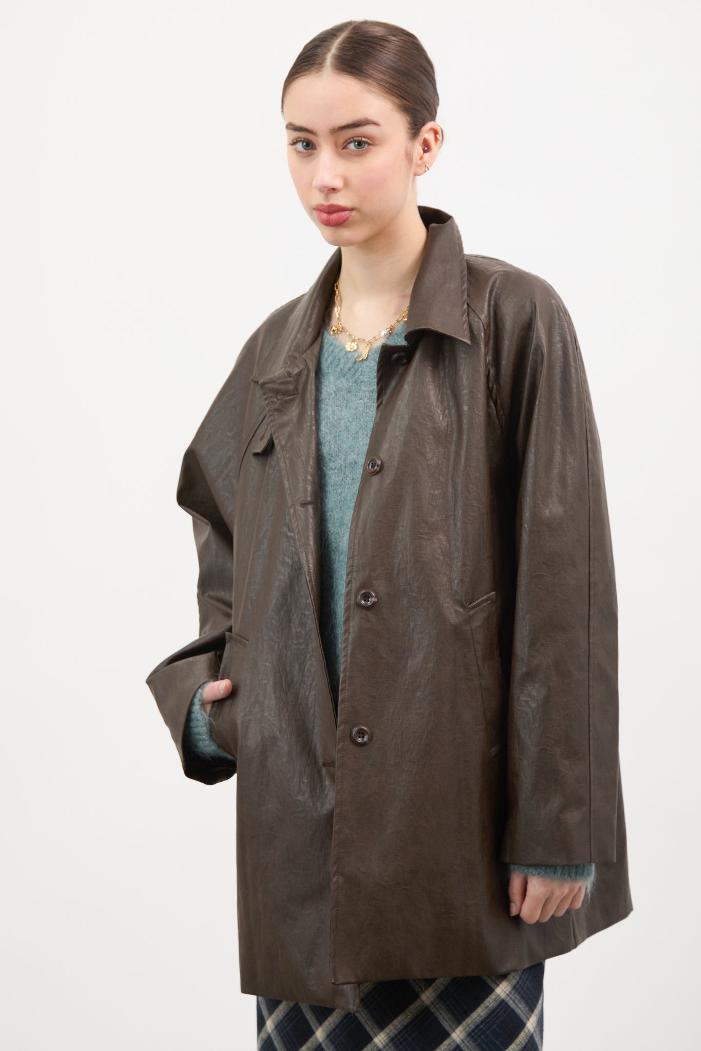 Brown vegan leather long single breasted jacket_1