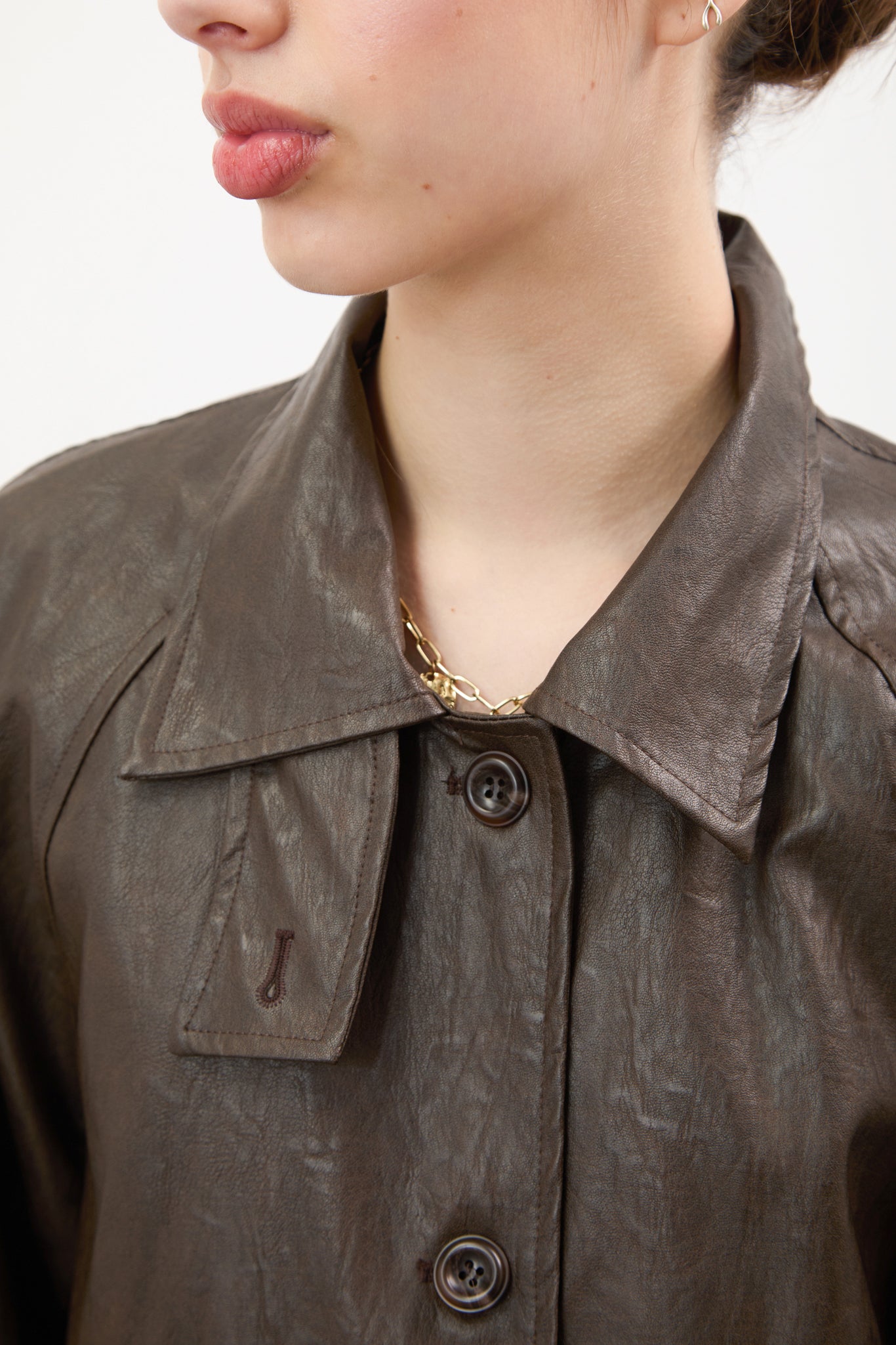 Brown vegan leather long single breasted jacket_4
