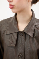 Brown vegan leather long single breasted jacket_4