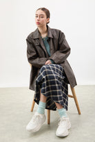 Brown vegan leather long single breasted jacket_6