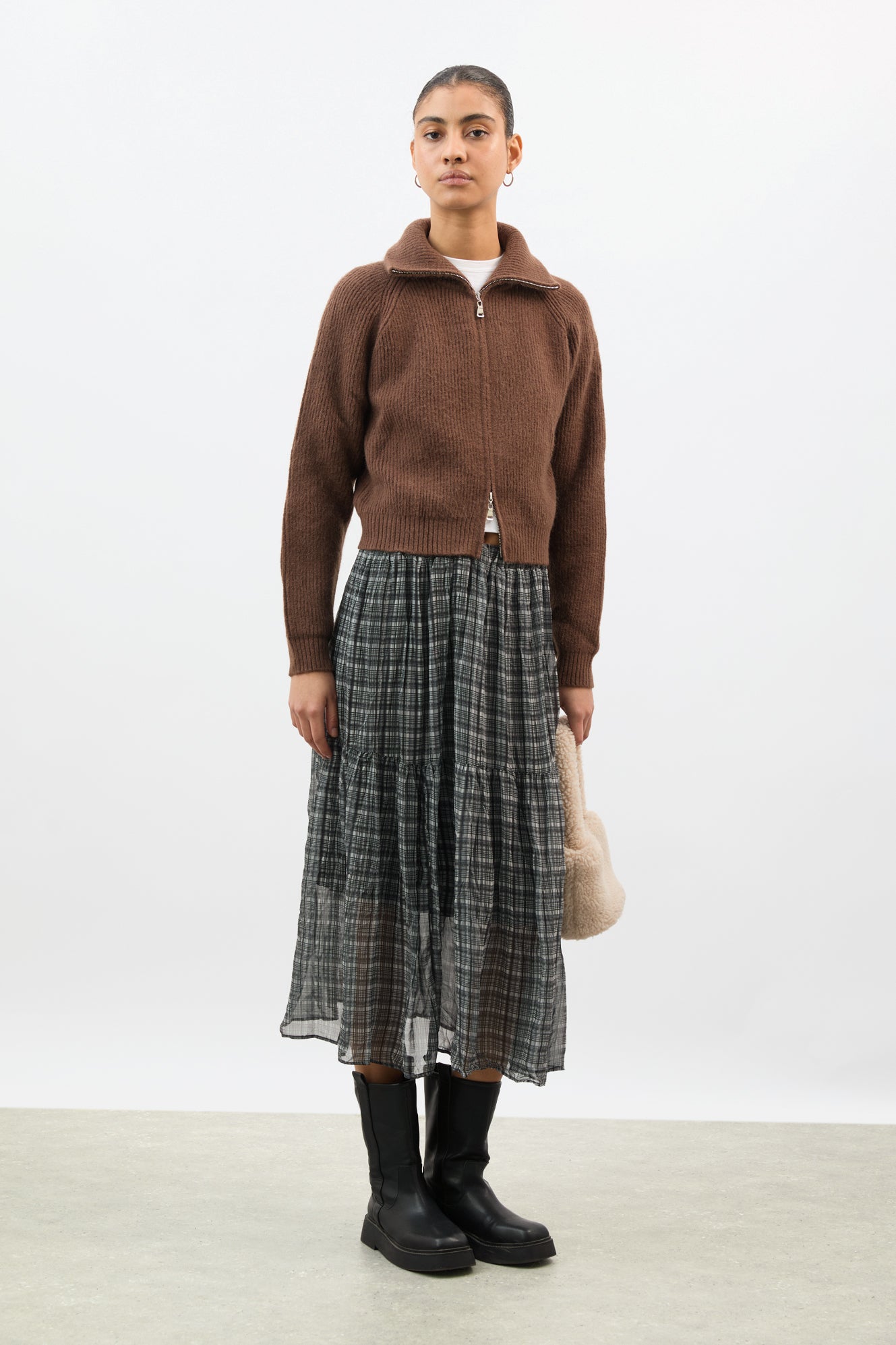 Brown wool blend ribbed wide collar cardigan_4