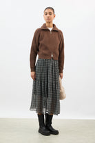 Brown wool blend ribbed wide collar cardigan_4