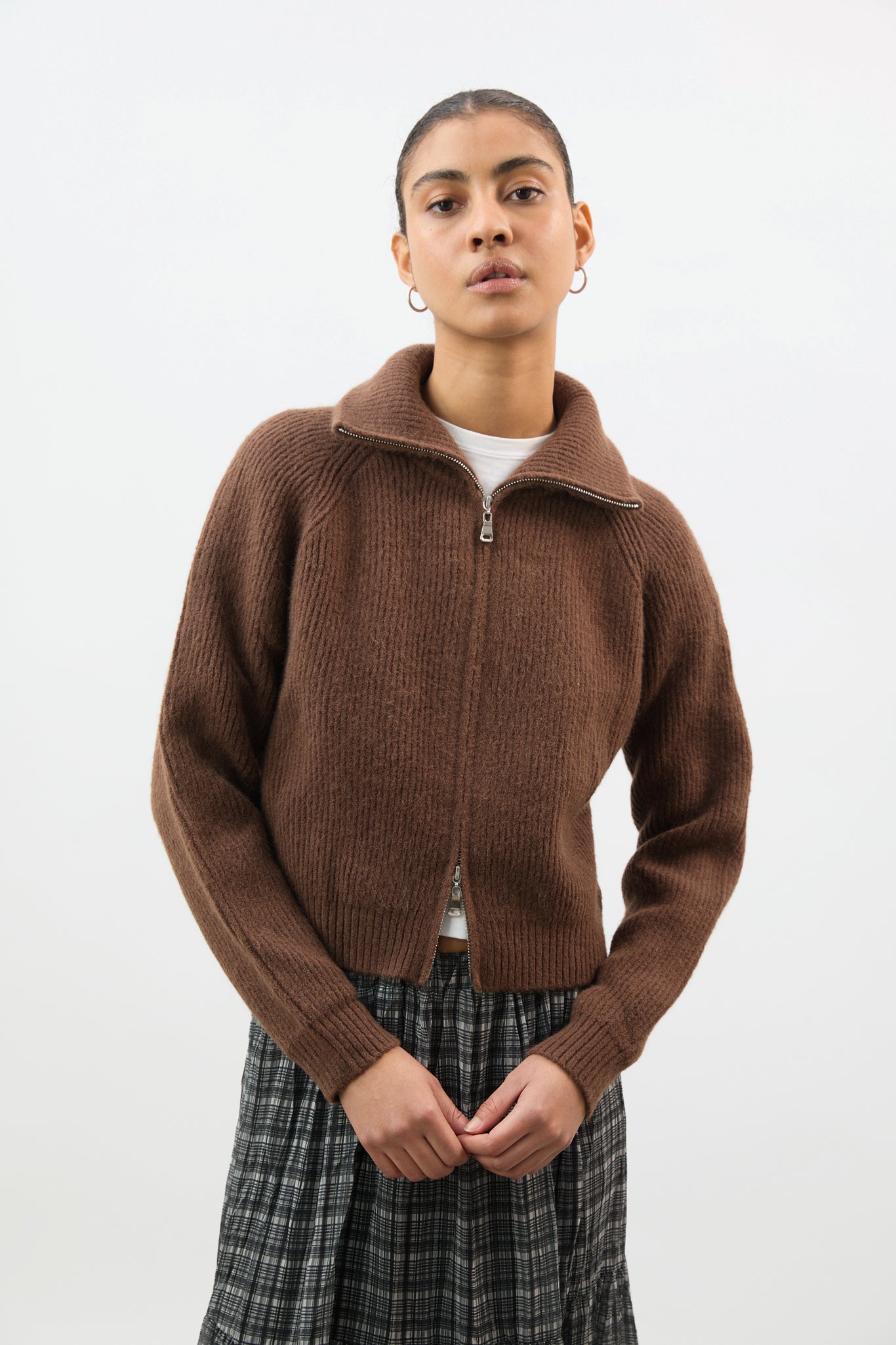 Brown wool blend ribbed wide collar cardigan_1