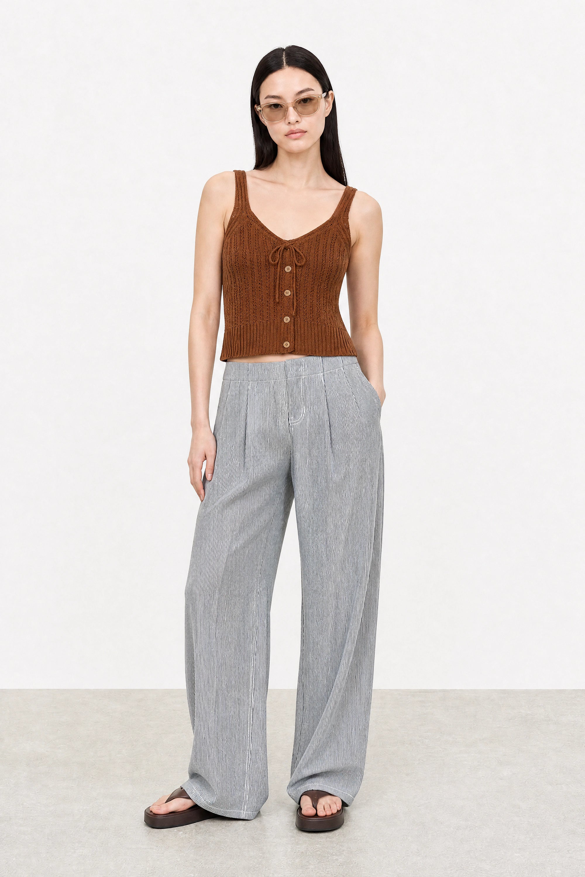 Brown textured ribbed button front knit tank_5