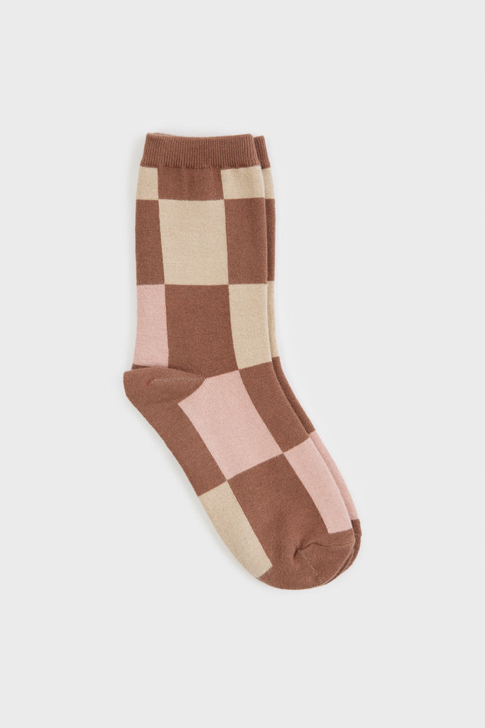 Brown and beige giant block check socks_2