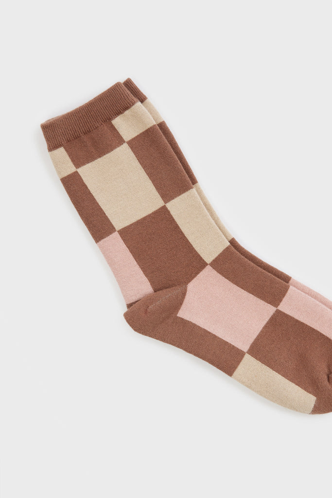Brown and beige giant block check socks_3