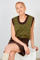 Brown and green diamond print sweater vest_1