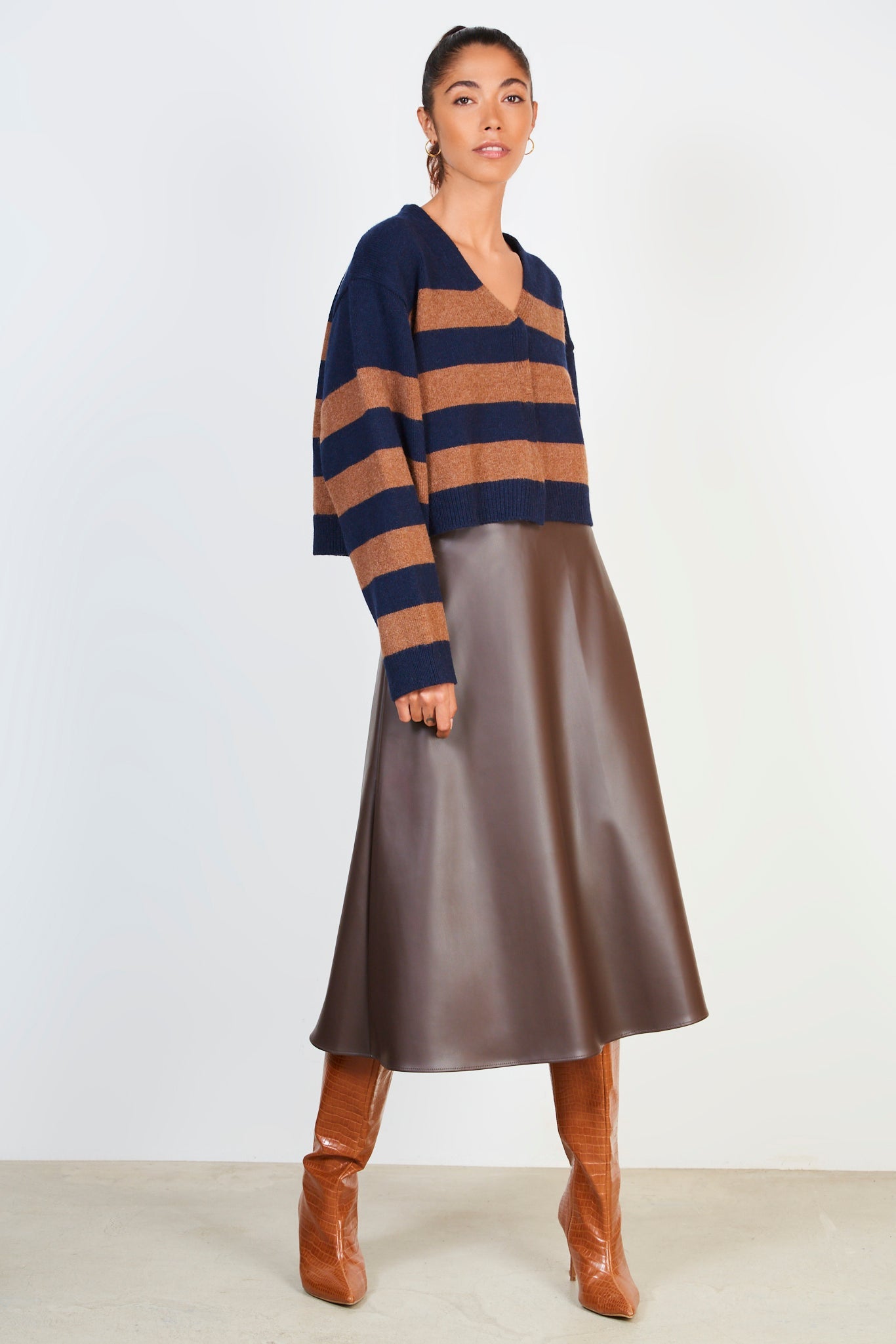Brown and navy alpaca wool blend block stripe cardigan_3