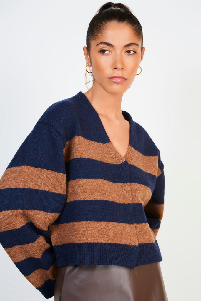 Brown and navy alpaca wool blend block stripe cardigan_1