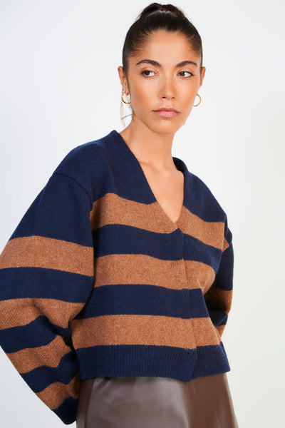 Brown and navy alpaca wool blend block stripe cardigan