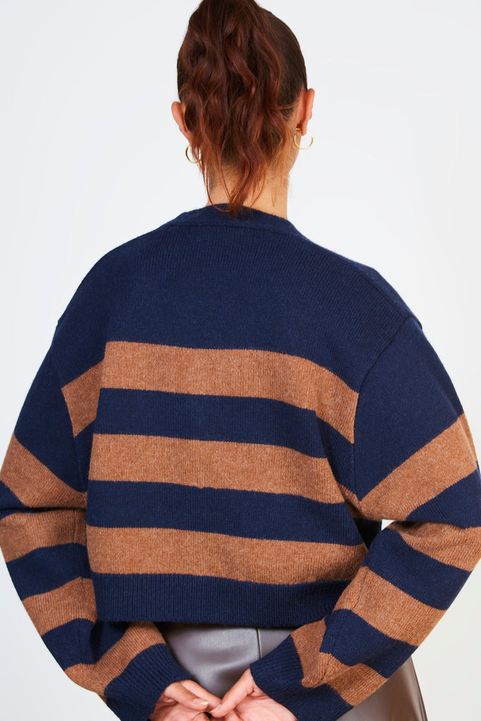 Brown and navy alpaca wool blend block stripe cardigan_2