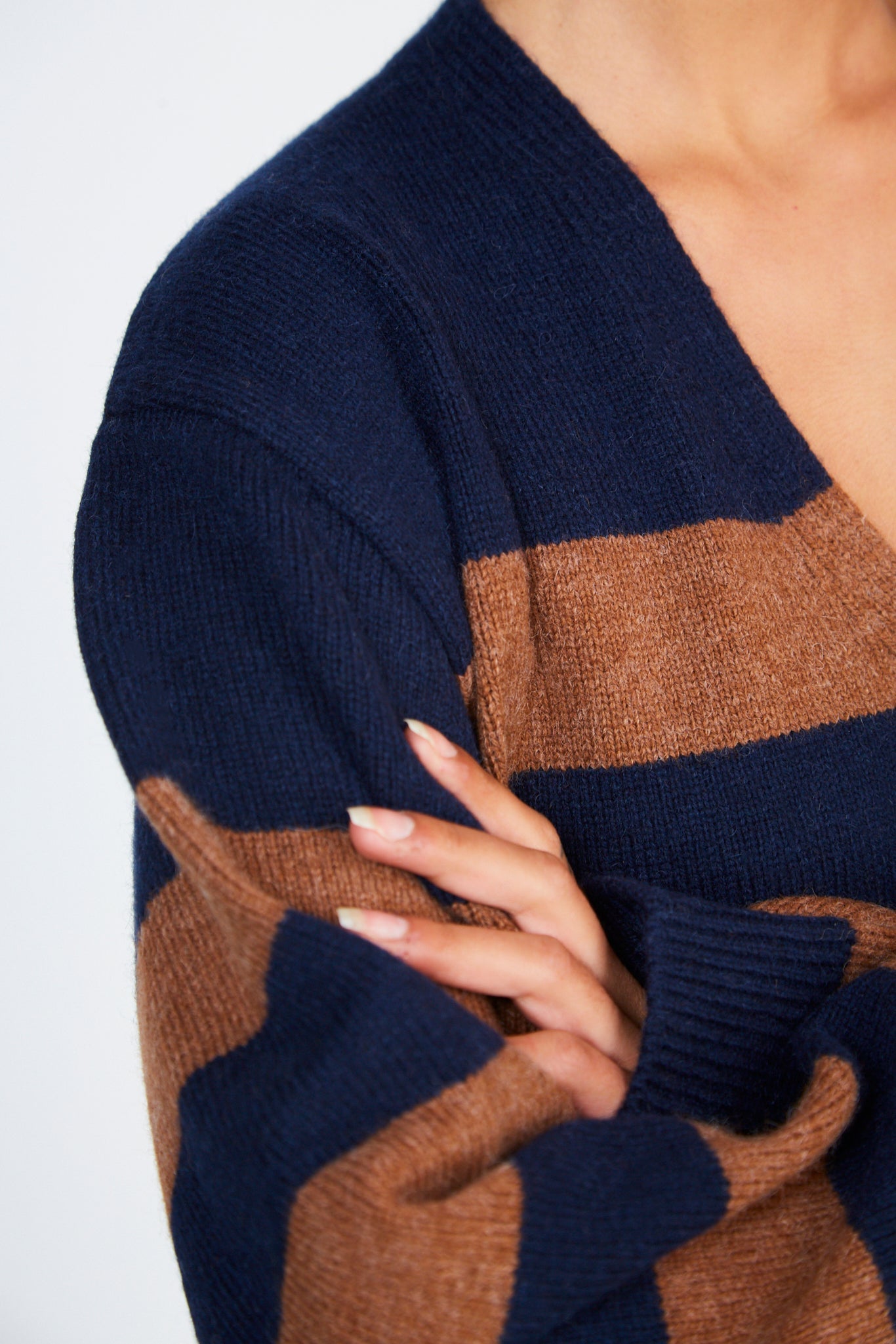 Brown and navy alpaca wool blend block stripe cardigan_4