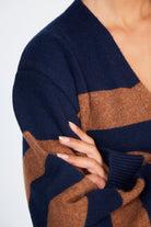 Brown and navy alpaca wool blend block stripe cardigan_4