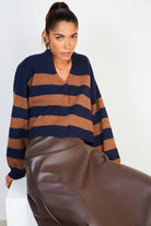 Brown and navy alpaca wool blend block stripe cardigan_5