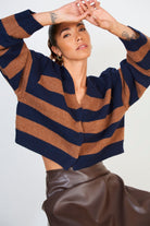 Brown and navy alpaca wool blend block stripe cardigan_6