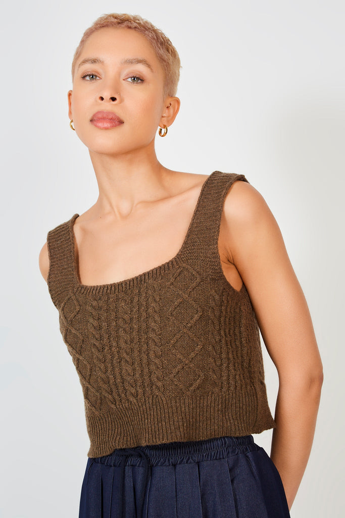 Brown cableknit thick strap tank_1