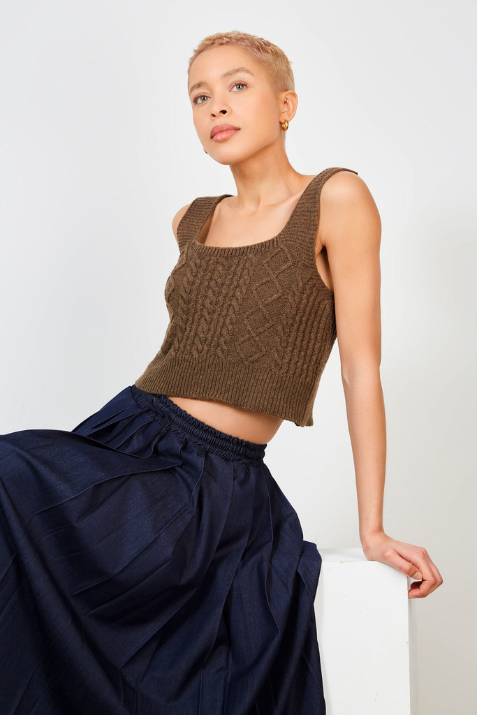 Brown cableknit thick strap tank_5