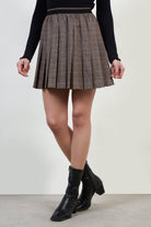 Brown checked pleated mini skirt_1