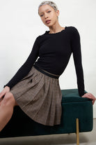 Brown checked pleated mini skirt_5
