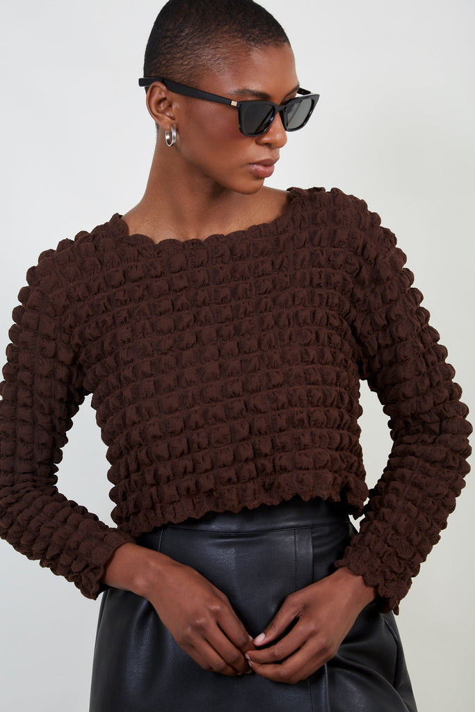 Brown textured puff long sleeve top_4