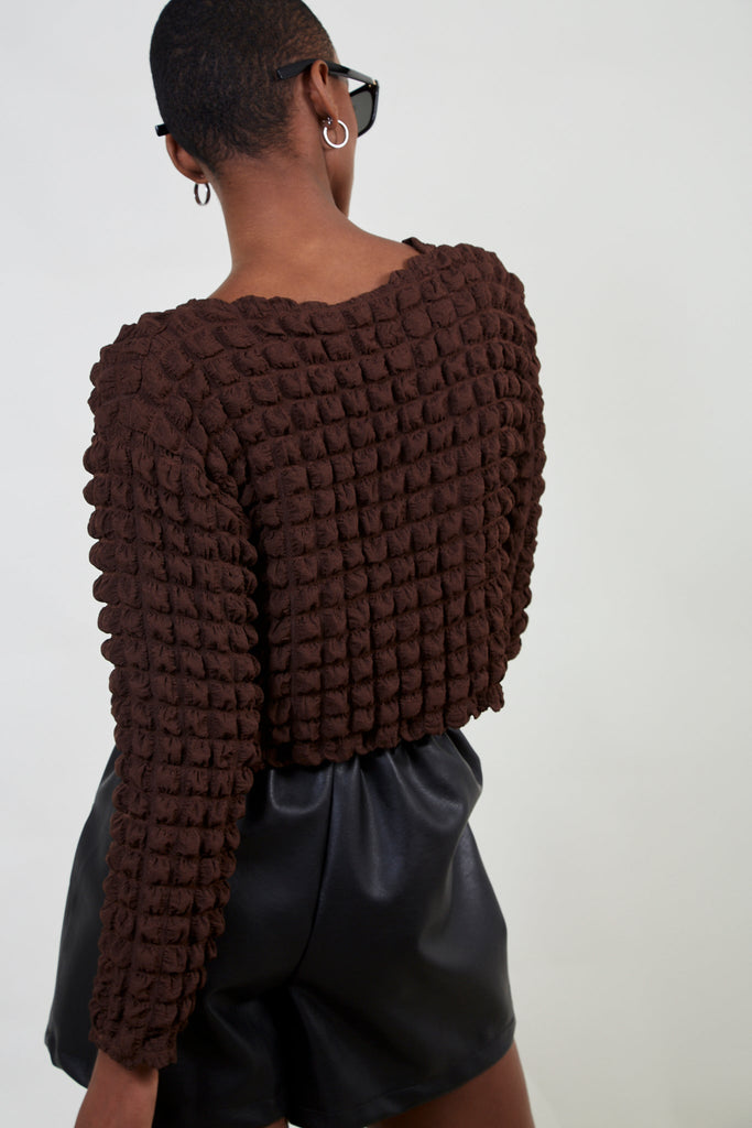 Brown textured puff long sleeve top_2
