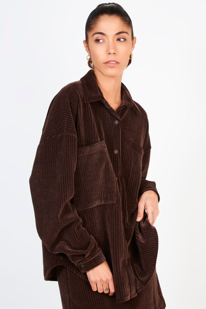 Brown thick ribbed oversized shirt_3