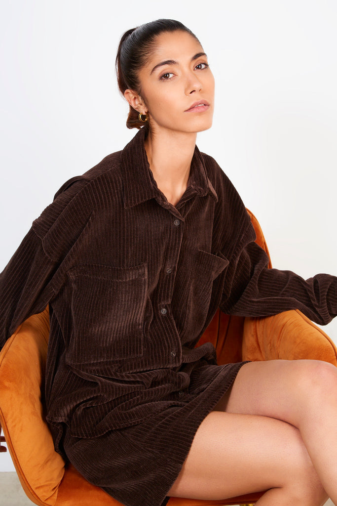 Brown thick ribbed oversized shirt_1