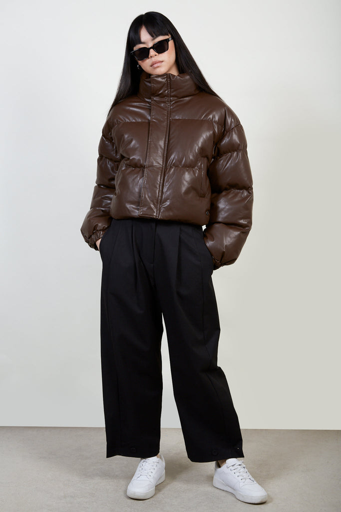Brown vegan leather puffer jacket_3
