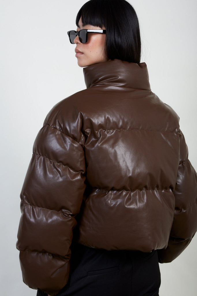 Brown vegan leather puffer jacket_4