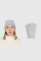 Pale grey mohair beanie and wool blend gloves set