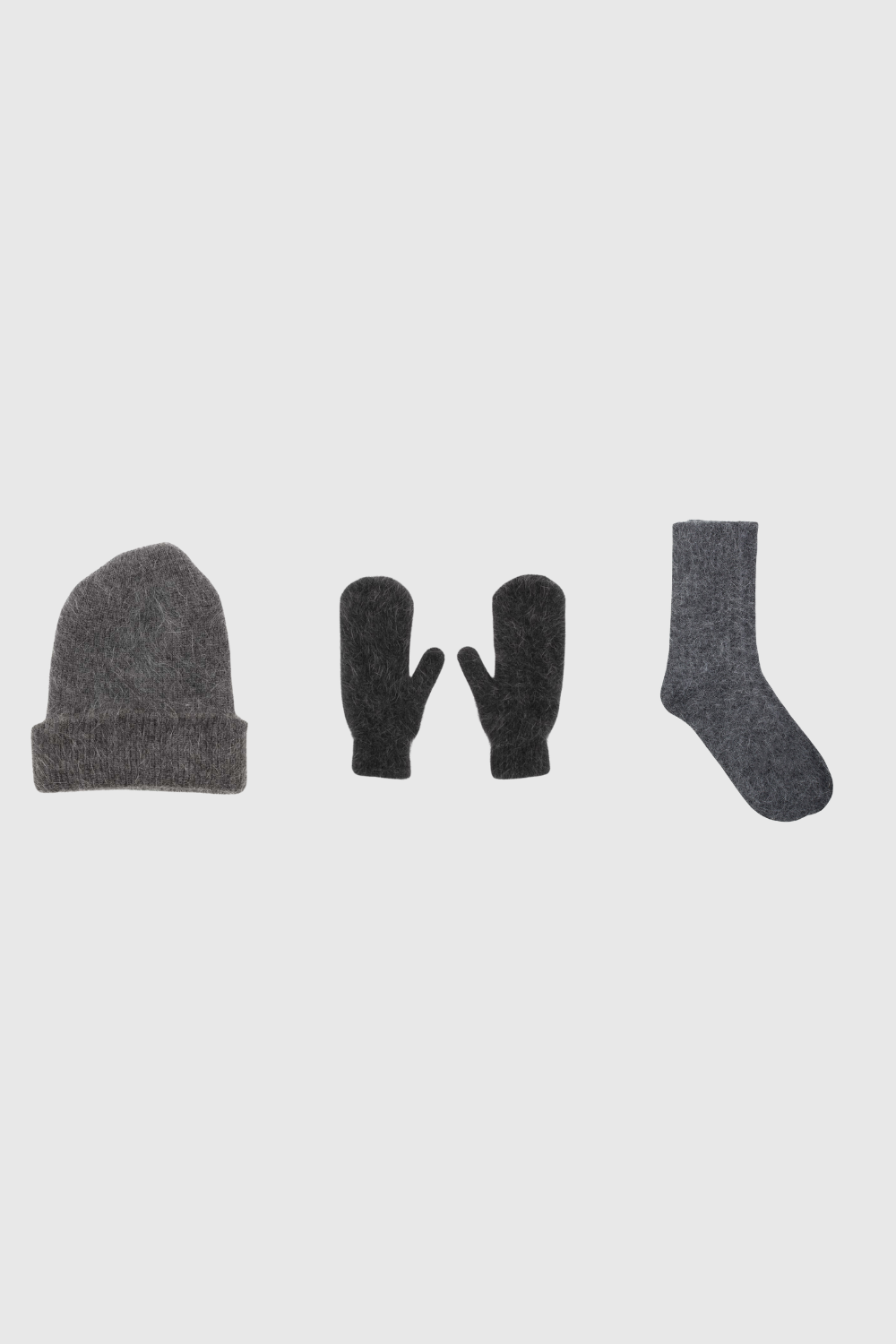 Charcoal grey mohair beanie, mittens and angora socks set
