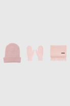 Pale pink mohair beanie, mittens and wool scarf set