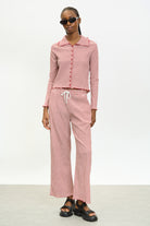 Burgundy gingham loose fit drawstring trousers_4