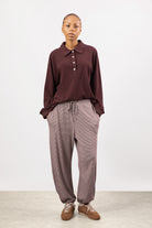 Burgundy horizontal striped jersey drawstring trousers_4