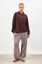 Burgundy textured button up collared top_4