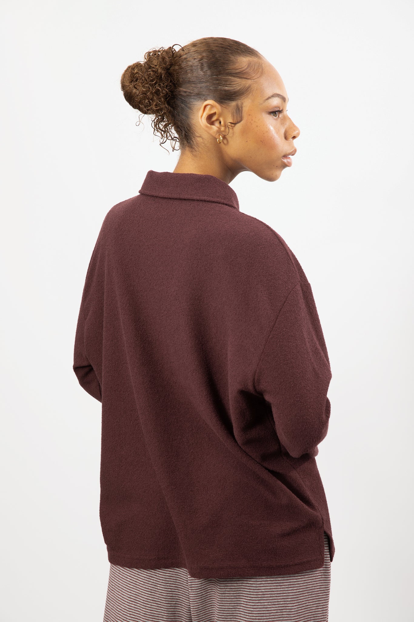 Burgundy textured button up collared top_2