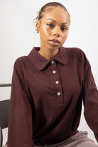 Burgundy textured button up collared top_5