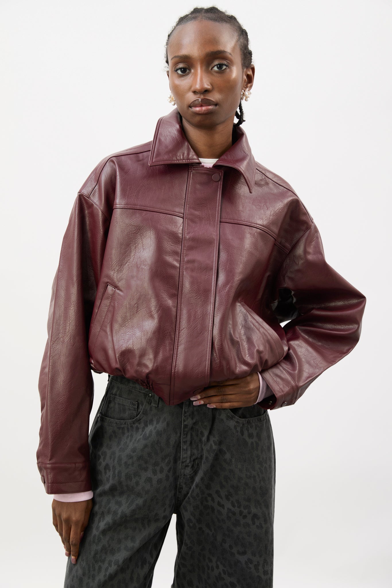Burgundy vegan leather short jacket_3