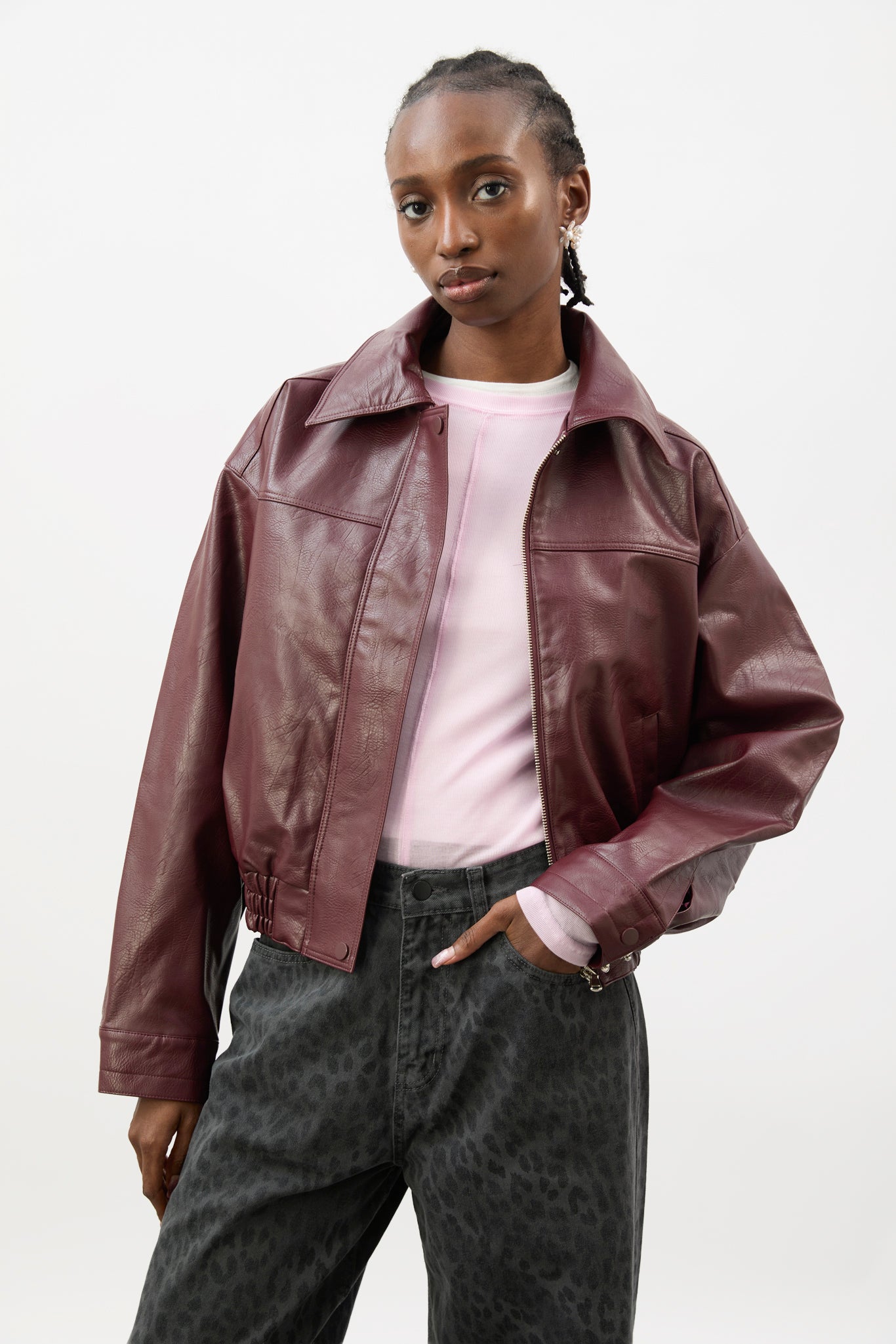 Burgundy vegan leather short jacket_2