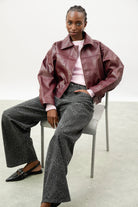 Burgundy vegan leather short jacket_6