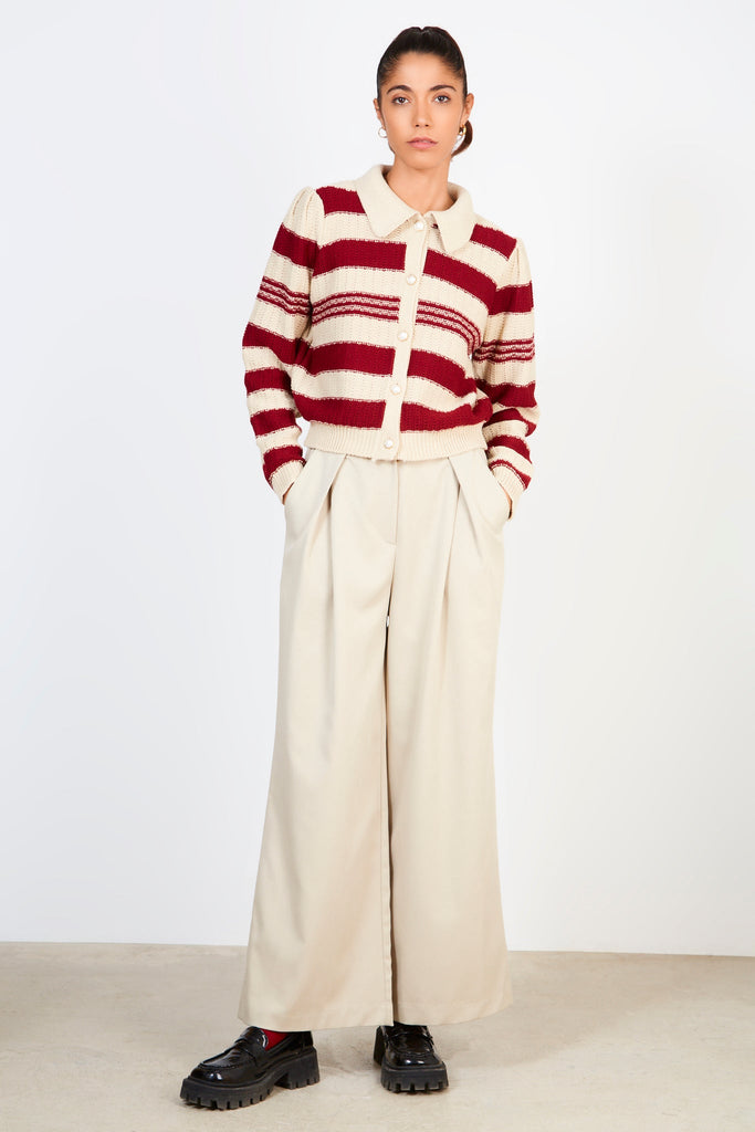 Burgundy and beige striped pearl button cardigan_3