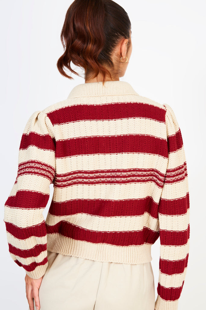 Burgundy and beige striped pearl button cardigan_2