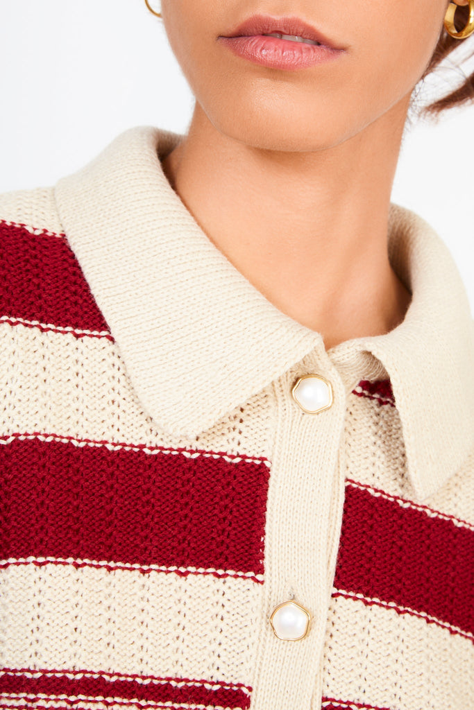 Burgundy and beige striped pearl button cardigan_4