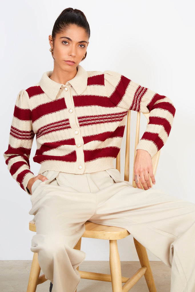 Burgundy and beige striped pearl button cardigan_5