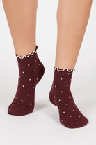 Burgundy and ivory polka dot ruffle trim socks_4