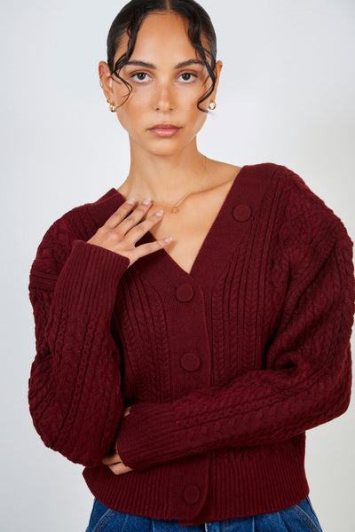 Burgundy chunky cableknit cardigan | Glassworks London