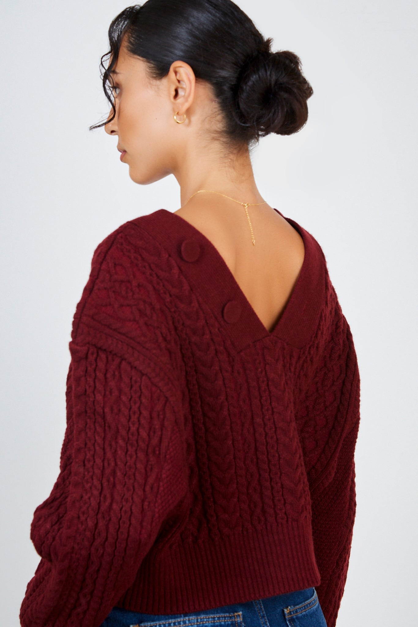 Burgundy chunky cableknit cardigan